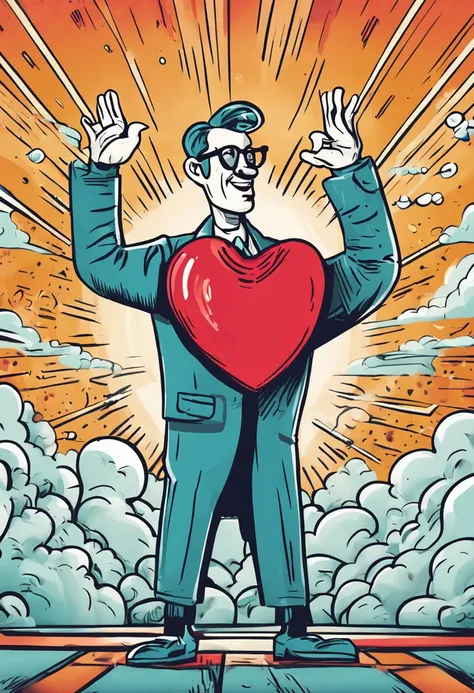 Cartoon illustration of a heart with dancing arms and glasses