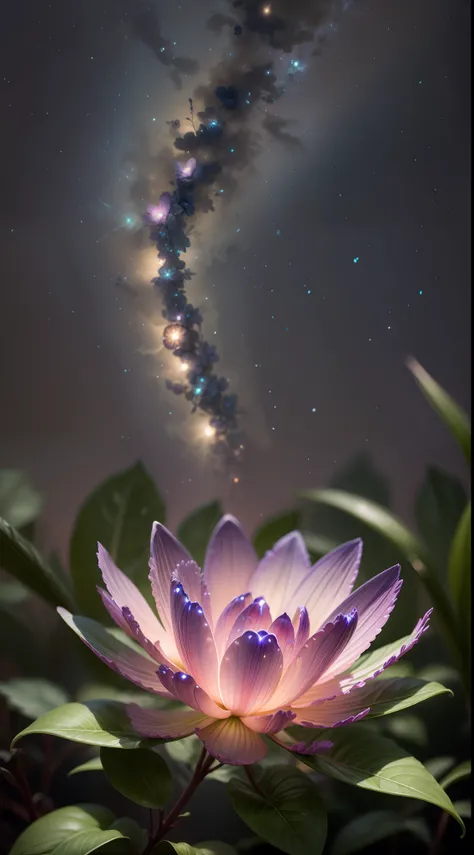 bioluminescence, flowers, night, sky