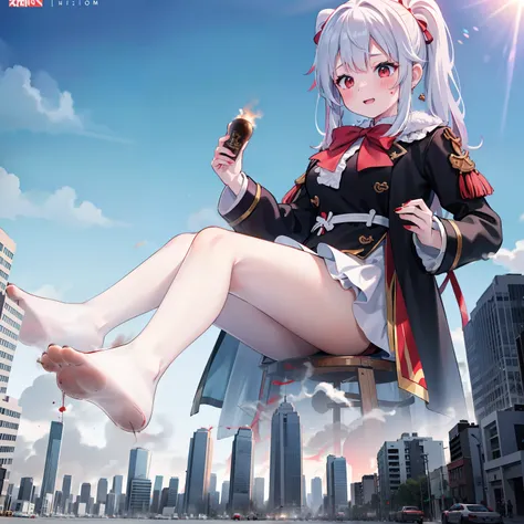 White messy hair, Red-eyed girl, Black premium coat, Red short sleeves,Barefoot （Bloodstained soles of the feet:1.8）, reference sheet, tachi-e, Wide-angle, kanon, Motion blur, Ray tracing, Award-Awarded, High details, Smooth skin, 4K, Anatomically correct,...