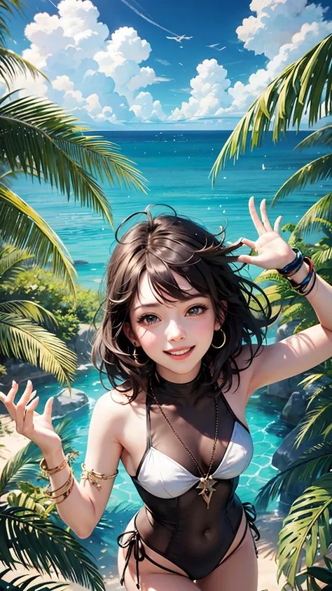 ((young woman::0.8)) ((cheerful::0.7)) ((wearing colorful summer swimsuit::0.6)) ((waving and smiling::0.9)) ((blue sea and white sand beach background::0.8)) ((sunny summer day::0.7)) ((strong midday summer sunshine::0.8)) ((contemporary resort setting::0...