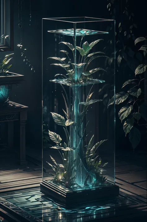 masterpiece of glass sculpture with plants inside, water, glowing, fantasy, high quality, high detail, best quality, rtx, 4k, 8k,