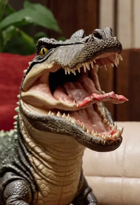 Theres a photorealistic alligator sitting on a couch with its mouth open, anthropomorphic alligator, Crocodilo Loki, Sci-Fi Crocodilo , Kinematic, foto de retrato, foto de retrato em close-up, foto de crocodilo, Reptiliano, Lagarto, Deus Crocodilo, alligat...