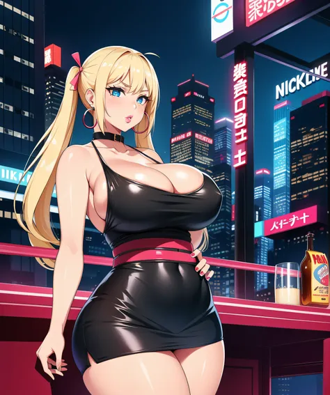 1girl,  (((bimbo))),hoop earrings, puffy lips, painted lips, thick lips. 
blonde hair, short twintails, wide hips, thick thighs, bursting breasts Nightlife, Night city, Cyberpunk city, futuristic cityscape. Neon lights, (skyscraper:1.1), Tokyo tower, palm ...