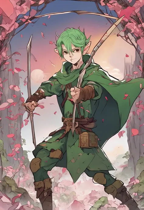 in Japanese anime style, imagine an adult forest elf man with short, green hair holding a shield and a spear in each hand.