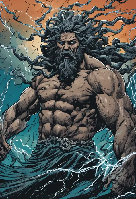 "Zeus holding Medusas head in his arms, heavy rain with lightning and thunder, raios penetrantes que emanam de seus olhos, hate-filled expression"