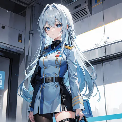 Long light gray-blue hair，rubber texture，Light blue and white military uniform，A standard good-looking girl