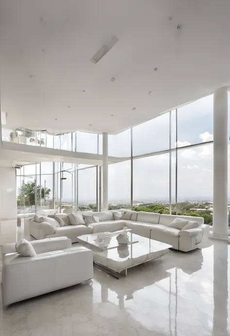 vista para uma grande sala aberta com uma escada e uma janela, piso de concreto branco, grande sala aberta, dentro da sala branca, grande piso aberto, Inside the building, interior, vista interior, ground level view, all white render, inside the building, ...