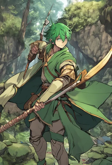 in Japanese anime style, imagine an adult forest elf man with short, green hair holding a shield and a spear in each hand.