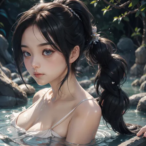 １girl with、watching at viewers、Bathing in a hot spring、poneyTail、Woman with shiny black hair、Depict a beautiful and graceful woman of Japan。Heart in the eye。full body Esbian。 beautiful anime artwork, beautiful anime art, Anime Art Wallpapers in 8K, beautif...