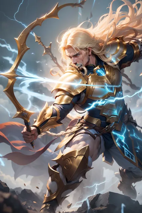 Man with bow Fantasy Action Armor Golden Hair Full Body White Blue Rays Action Background Add Golden Armor Improve Add Hair Archer White Beast Lightning Effects