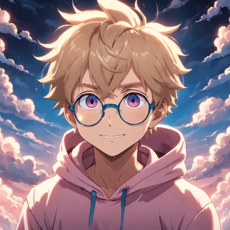 masterpiece, best quality, movie still, 1man, cloud man, floating in the sky, close-up, bright, happy, warm soft lighting, sunset, (sparks:0.7), (male focus:1.2), (cute:1.7), cute man wearing round glasses, looking at the viewer, smiling, wearing a pink ho...