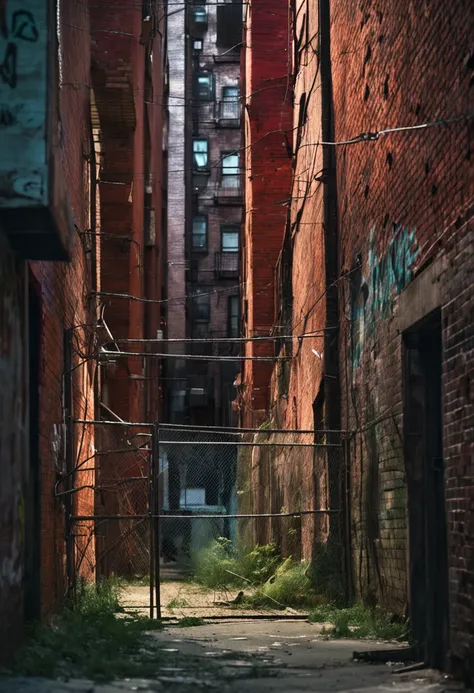 Scene of a backstreet alley, graffiti, New York,bricked walls, barbed wire