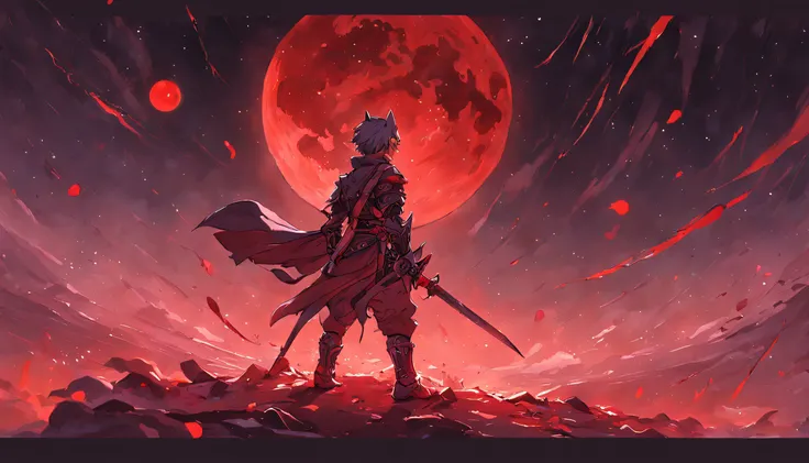 Starry night blood moon background，An orc cub in the middle holds a blood-dripping sword。