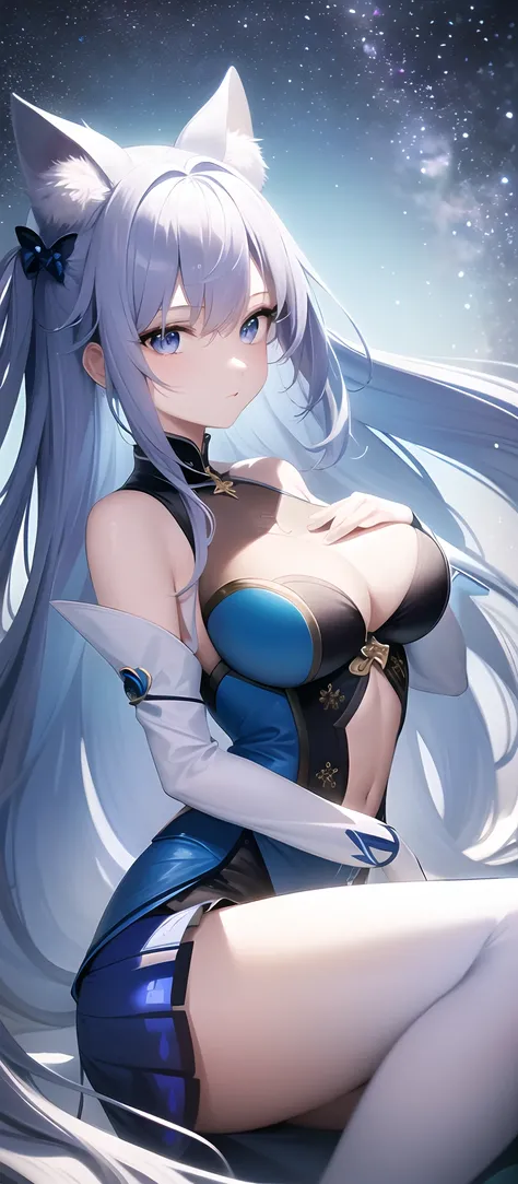 8K分辨率，Refined features，s the perfect face，Glowing skin，high detal，blue skirts，long  white hair，blue color eyes，Flying blue butterflies，Raised sexy，plumw，Upright_straddle，sunraise，Eau，the sideview