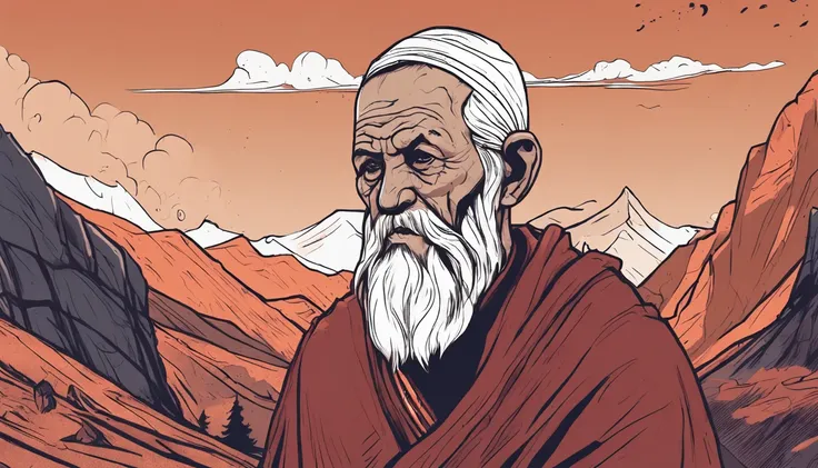 monk old man in the mountains, comic page style, 4k, close view face