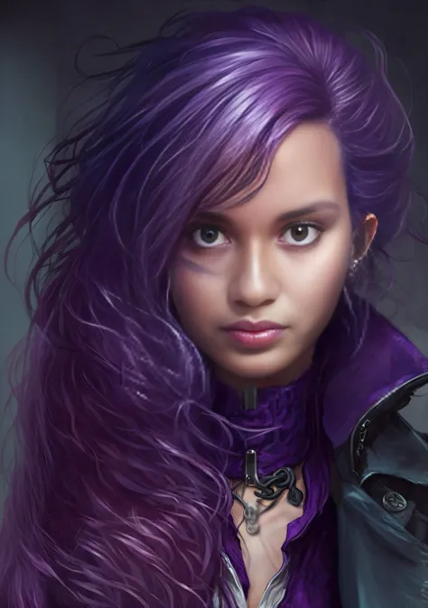 um close up de uma mulher com cabelo roxo usando uma jaqueta de couro, Alena Aenami e Artgerm, Charlie Bowater Cores Profundas Ricas, Neoartcore e Charlie Bowater, retrato de arte conceito de fantasia, retrato do personagem da fantasia, arte do personagem ...