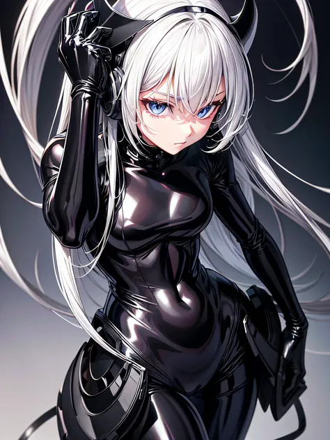 5 8K UHD、Silver-haired and small-nosed beauty in a black shiny black full-body rider suit wearing a black full-face helmet that covers the entire head is standing with her legs open facing the front、Wearing a shiny black latex slider suit with hidden skin、...