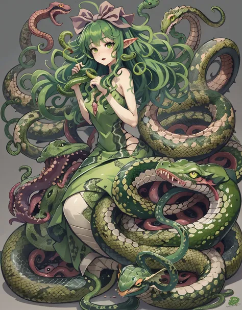 detailed snake skin、cartoon photo of woman with green dress and green tail、anime monster girl、lamia、hot reptiles、humanoid woman、...