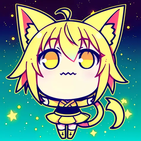 yellow hair，yellow eyes，dual horsetail，cat ear，bright background，the stars dance。