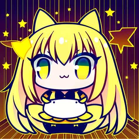 yellow hair，yellow eyes，dual horsetail，cat ear，bright background stars