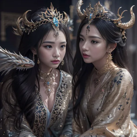 32K（tmasterpiece，k hd，hyper HD，32K）Long flowing black hair，Jewelry quarter in the back room，Brunette king girl ，Silver Dragon Protector （realisticlying：1.4），Python pattern robe，Purple-pink tiara，Snowflakes fluttering，The background is pure，Hold your head h...