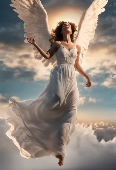 (Professional 3D rendering:1.3) de (Realistic:1.3) Foto de arte mais bonita do mundo，Features angel falling from the soft and bright sky, ((Celestial angel falling from the sky in dynamic pose, fantastic location, majestoso ambiente desordenado)), corpo in...