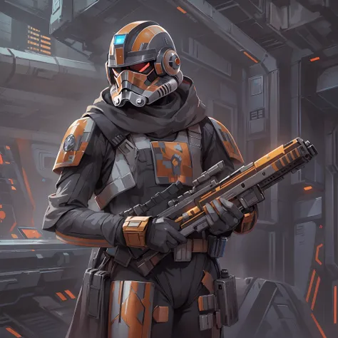 A Imperial Soldier, blaster weapon, Star Wars Old Republic, (illustration style), scifi, Detailed Background, (looking down)