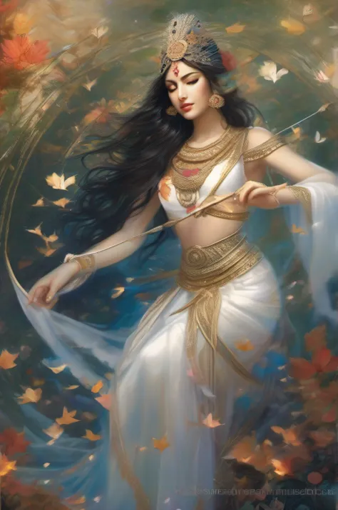 Indian goddess of lust having a bow in hand, drawing arrows of flowers, feathers in end of arrows, white and blue light/halo in a spiral form around arrows, deep cleavge visible, wearing white aprons only on sides of body so that they can hide nipples, and...