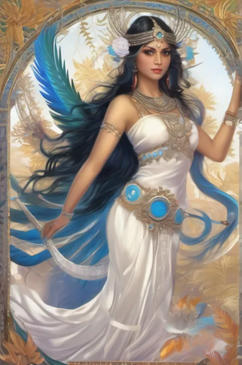 Indian goddess of lust having a bow in hand, drawing arrows of flowers, feathers in end of arrows, white and blue light/halo in a spiral form around arrows, deep cleavge visible, wearing white aprons only on sides of body so that they can hide nipples, and...