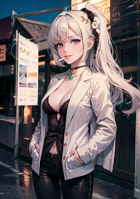 (masterpiece, best quality:1.2), cowboy shot, solo, 1girl, white hair, short wavy hair, purple eyes, average breasts, slender body, light smile, looking at viewer, hands in pockets, formal, suit, (braless), cleavage, black pants, choker, cityscape scenery,...