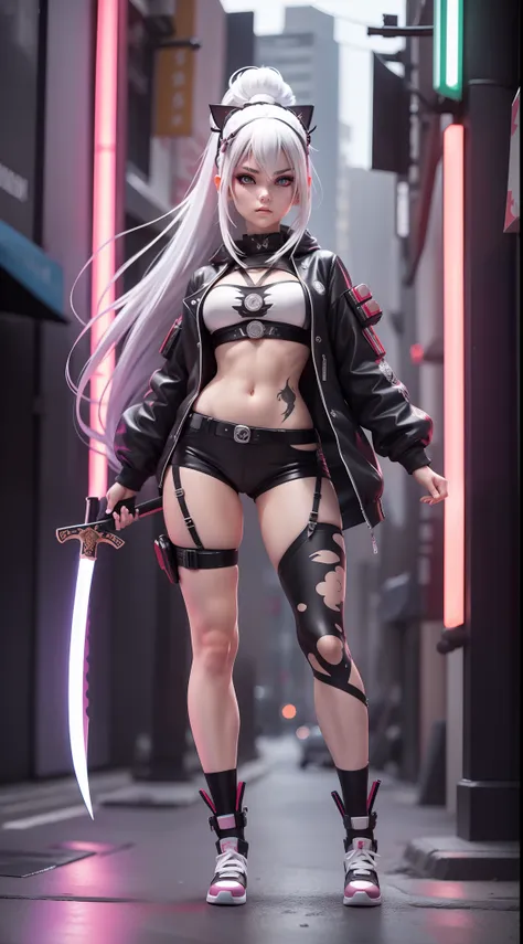 Anime-style photo of white-haired warrior in jacket standing in the middle of a neon flashing road, Holding a katana , Her katana glows in the dark. Masterpiece, 8K, HD, Anime style , Cyberpunk , She has tattoos all over her body, postapocalyptic, ultra - ...