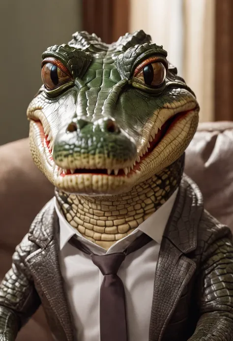 Theres a photorealistic alligator sitting quietly and comfortably on a couch wearing sunglasses , imagem de corpo inteiro. on a couch with his mouth open, anthropomorphic alligator, Crocodilo Loki, Sci-Fi Crocodilo , Kinematic, Reptiliano, Lagarto, Deus Cr...