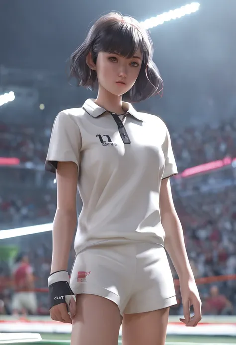 1girl, solo, white polo shirt, white sneakers, tennis wear, white mini skirt, masterpiece, best quality, realistic, ultra-detailed, (shiny skin, sweating: 1.4), ridiculous, looking at the audience, short black hair, brown eyes, slender, dynamic light and s...