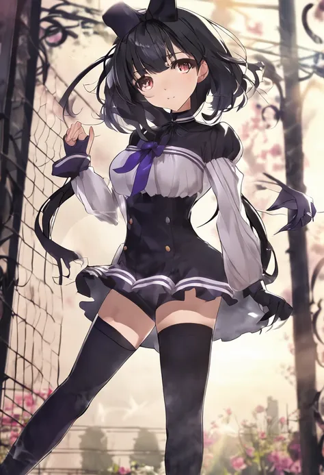 top-quality, Best Quality, hight resolution, masuter piece, Realistic, magical little girl, Homura Akemi, Long black hair, a sailor suit, Purple Ribbon, Black Long Sleeve Gloves Leotard, Black pantyhose