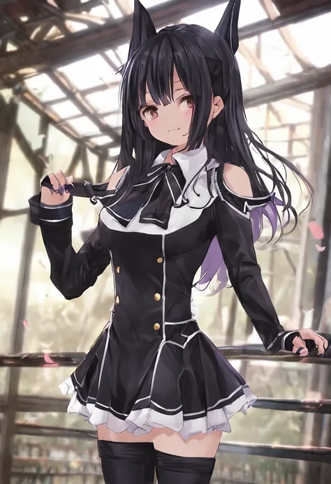 top-quality, Best Quality, hight resolution, masuter piece, Realistic, magical little girl, Homura Akemi, Long black hair, a sailor suit, Purple Ribbon, Black Long Sleeve Gloves Leotard, Black pantyhose