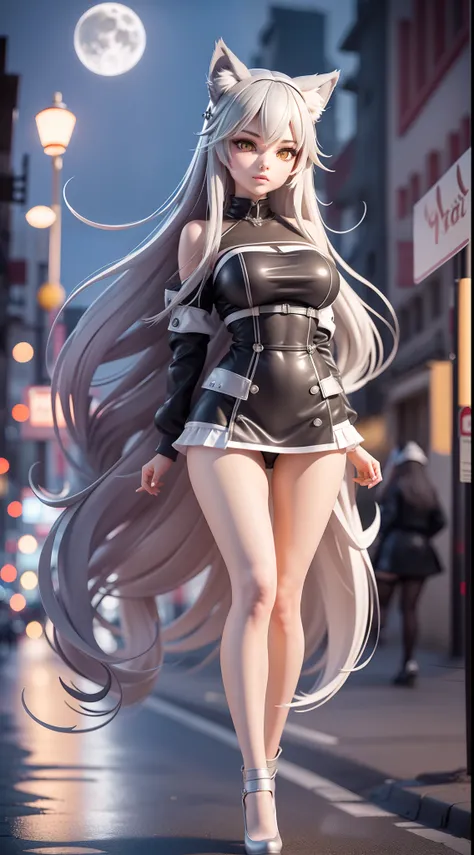 1girll, (Masterpiece:1.1), (Best quality:1.1), Wolf Girl,grey wolf ears on head,grey wolf tail,sliver long hair,wear cap,Tall body,Slim body,Large breasts,Nice legs,in a street at night,Moonlight