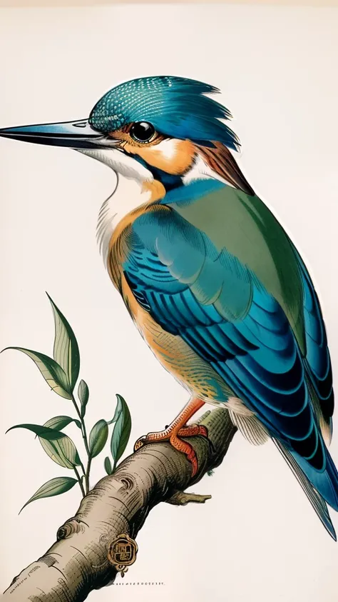 (top-quality:1.2)、(detaileds:1.2)、(​masterpiece:1.2)、High resolution colorful kingfisher by Jakuchu Ito (1770 1775)Vintage bird illustration、Illustration of vintage plants、Super delicate、Beautiful feathers shining in the sun through the trees、rich colours、...