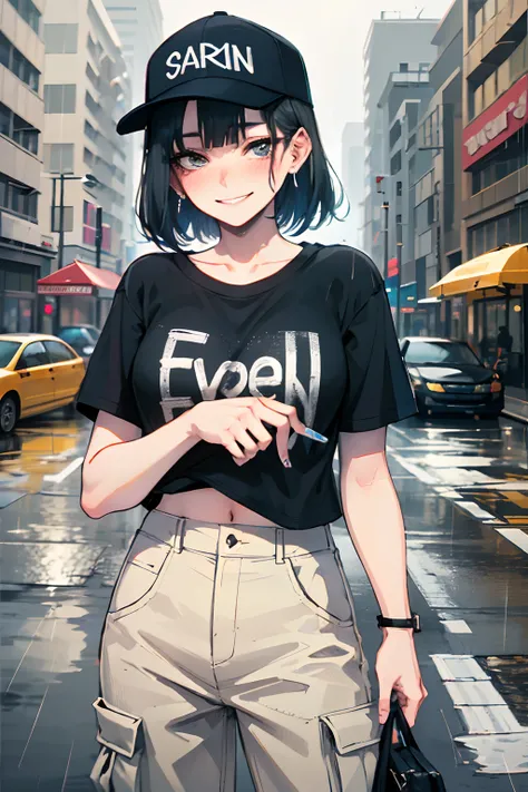 ultra resolution,
(photorealistic:1.3),
(1 slim girl), stylish girl, fashion,
young face, blush, (evil smile),
(slim) thigh,
baseball cap, earrings,
(black T-shirt), (baggy cargo pants),
gravure,
rainy city street