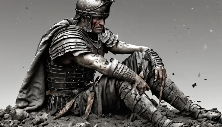 "An afared Roman soldier, sitting on a rock, covered in mud, weapons scattered on the ground, dark environment after a fierce battle, detailed correct anatomy."