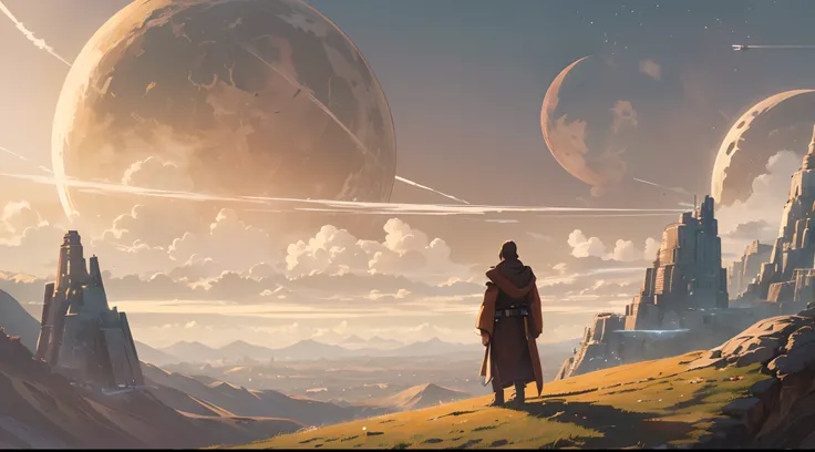 A jedi on a hill, (illustration style), solo, back view, a small sci-fi village far away, detailed sky, big planet in the sky, (as if it were a cover of a drama movie)