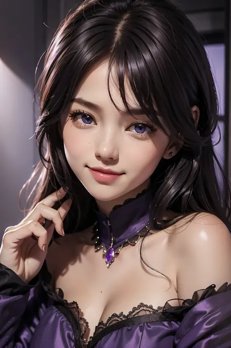 (Face details), 1个Giant Breast Girl, deep shading, ssmile，Purple dark clothing