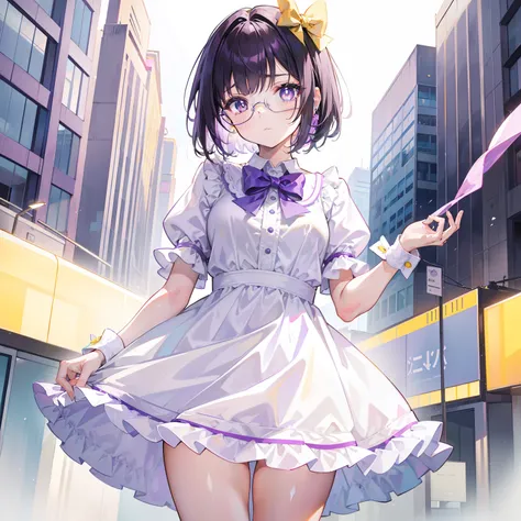 Thick short hair with a purple white gum，Two small knots of hair，It is tied with a yellow bow，Apricot pupils，Wearing a lawyers dress in pink, yellow and white，With white-framed glasses，She is a cute girl with fierce milk