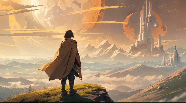 A jedi on a hill, (illustration style), solo, back view, a small sci-fi village far away, detailed sky, big planet in the sky, (as if it were a cover of a drama movie)