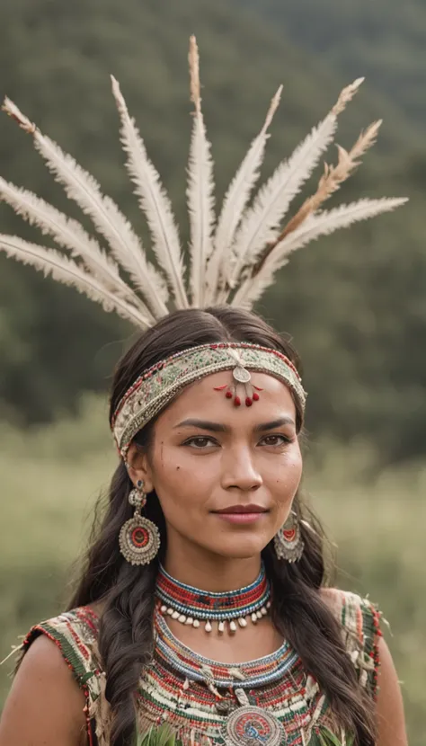 Uma foto do rosto de uma mulher nativa americana, com olhos verdes, cabelos pretos, and a highly detailed Cherokee headdress adorning his head. She smiles at the camera. She wears traditional and abbreviated indigenous clothing, exibindo seu corpo esguio. ...