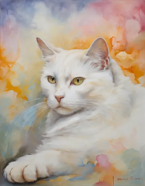 a soft, white-coated cat resting in an ethereal landscape of spongy clouds. The clouds seem to create magical shapes around the cat, como se estivessem respondendo aos seus sonhos. A luz suave do sol nascente banha tudo em tons dourados e rosados, criando ...