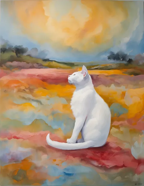 a soft, white-coated cat resting in an ethereal landscape of spongy clouds. The clouds seem to create magical shapes around the cat, como se estivessem respondendo aos seus sonhos. A luz suave do sol nascente banha tudo em tons dourados e rosados, criando ...