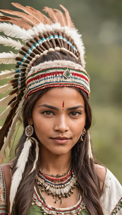 Uma foto do rosto de uma mulher nativa americana, com olhos verdes, cabelos pretos, and a highly detailed Cherokee headdress adorning his head. She smiles at the camera. She wears traditional and abbreviated indigenous clothing, exibindo seu corpo esguio. ...