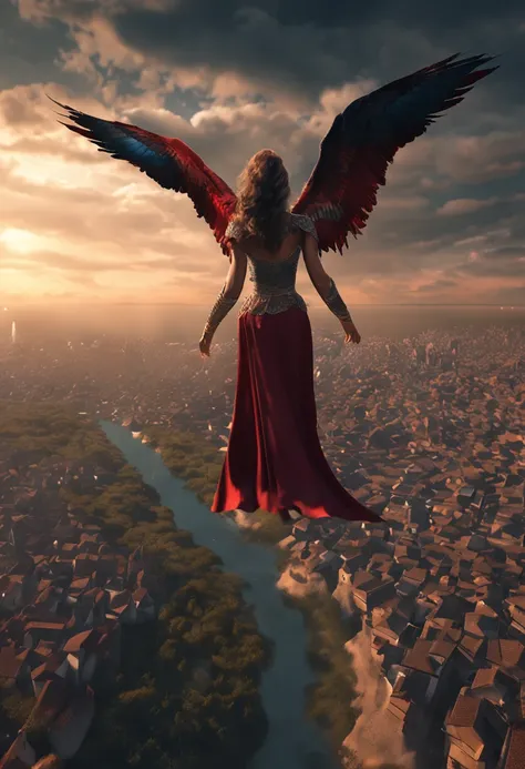 (Professional 3D rendering:1.3) de (Realistic:1.3) Foto de arte mais bonita do mundo，It features evil angel falling from the bright sky, ((Lucifers, Anjo celestial do mal, se relacionando com humanos na terra, ao lado de belas mulheres. , fantastic locatio...