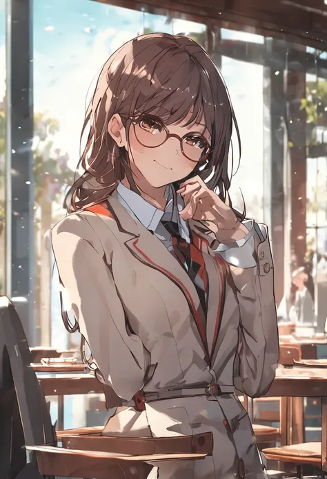 Beautuful Women、suits、Notebook work、wears glasses、Brown hair、Maki Nishiyama、a smile、building、cafes、Adults