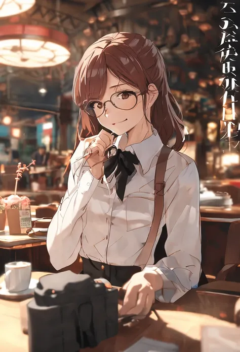 Beautuful Women、suits、Notebook work、wears glasses、Brown hair、Maki Nishiyama、a smile、building、cafes、Adults